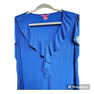 Royal Blue Ruffled V Neck Blouse Strechy Size Large
